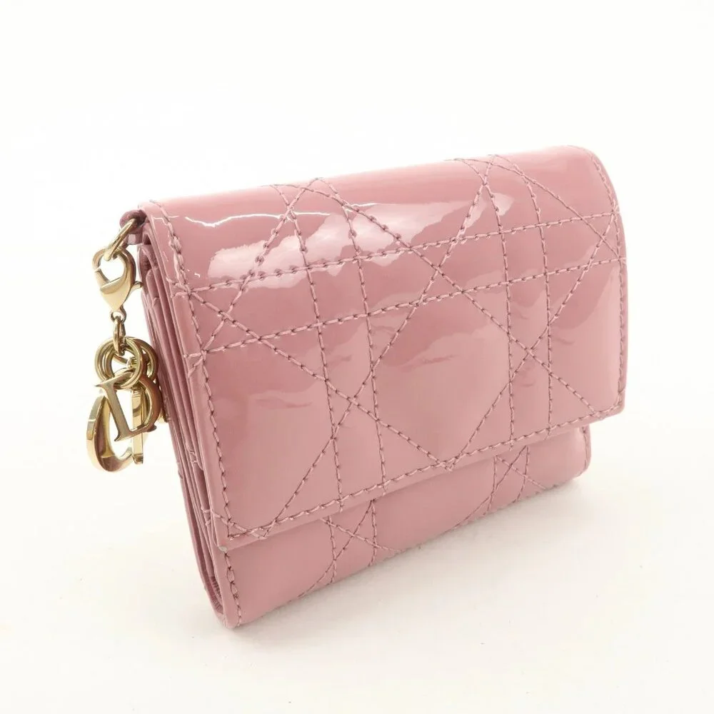 ❤️Authentic Christian Dior Lady Dior Canage Patent Leather Tri-fold Wallet ❤️